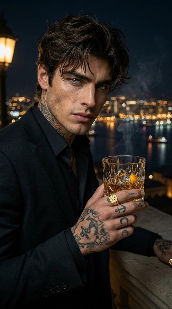 AI-generated close-up of the fictional man on a balcony at night, a glass in his tattooed hand